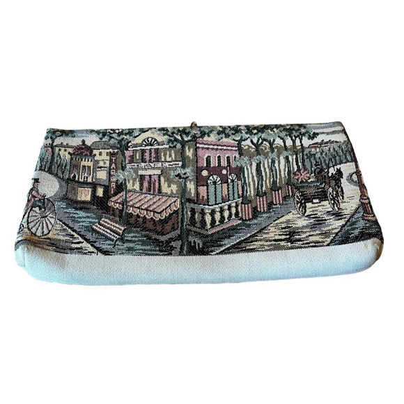 Vintage Clutch Purse Handbag Embroidery Design Street scene 10" long READ - Picture 3 of 6